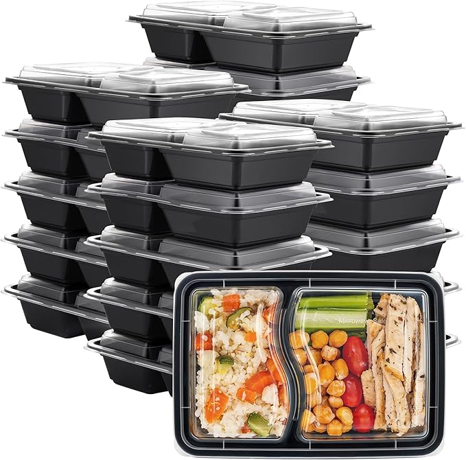 GUSTO 28 oz - 2 Compartment Meal Prep Containers with Lids – [50 Count] Reusable, Microwaveable, Dishwasher & Freezer Safe, BPA-Free Food Storage Boxes for Portion Control (Formerly Comfy Package)