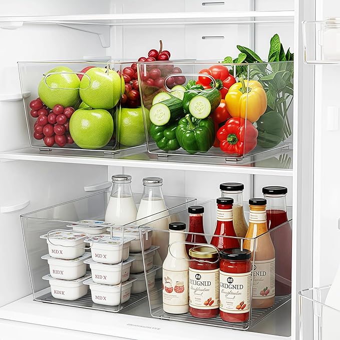 Clear Plastic Storage Bins, 4-Pack Stackable Pantry Organizers and Storage Containers for Kitchen, Fridge, Cabinet and Closet Organization - Home Essentials
