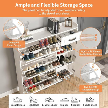 Shoe Cabinet for Entryway, Freestanding Shoe Storage Cabinet with 3 Flip Drawers and Side Cabinet, Narrow Shoe Rack Organizer with Adjustable Shelves, Modern Slim Hidden Shoe Cabinet, White