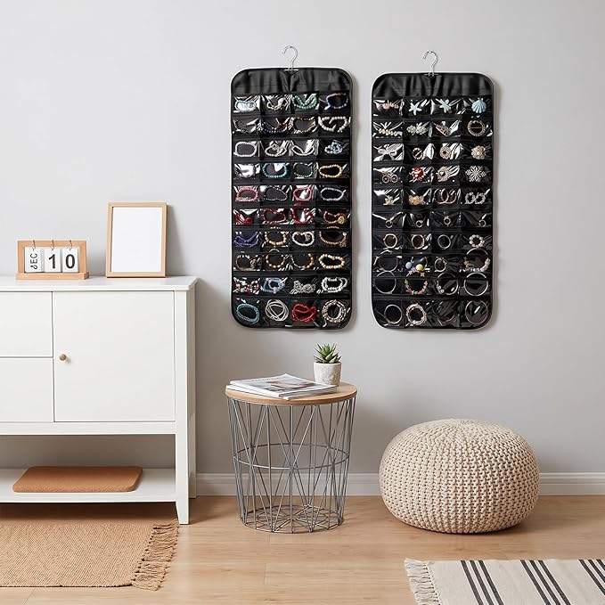 4 Pcs Hanging Jewelry Organizer, Double-Sided Earring Holder with 80 Clear Pockets Black Jewelry Storage Roll with Rotatable Hanger for Earrings, Necklaces, Rings, Bracelets on Closet, Wall, Door
