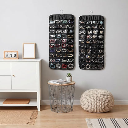 4 Pcs Hanging Jewelry Organizer, Double-Sided Earring Holder with 80 Clear Pockets Black Jewelry Storage Roll with Rotatable Hanger for Earrings, Necklaces, Rings, Bracelets on Closet, Wall, Door