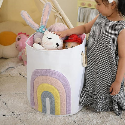 Pink Baby Hamper, XL Canvas 58L Laundry Basket with Drawstring Closure, Boho Rainbow Decor