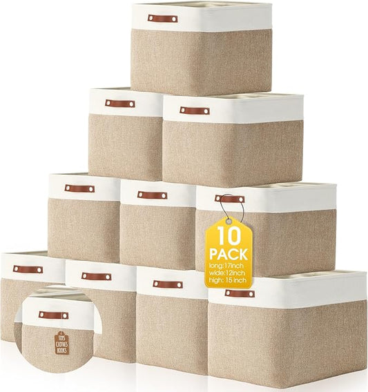 Uiifan 10 Pcs Collapsible Storage Bins Fabric Foldable Storage Basket with Handles Cloth Organizer Linen Shelf Baskets for Shelves Home Closet Nursery Toys(17 x 15 x 12 Inch,Beige and White)