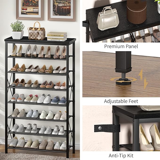 Metal Shoe Rack, 8 Tier Shoe Shelf Holds 32 Pairs, Vertical Shoe Organizer for Garage Front Door Entrance, Black