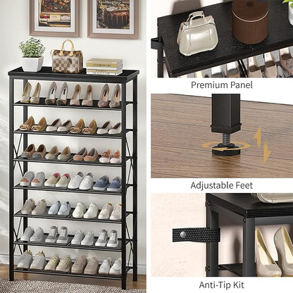 Metal Shoe Rack, 8 Tier Shoe Shelf Holds 32 Pairs, Vertical Shoe Organizer for Garage Front Door Entrance, Black