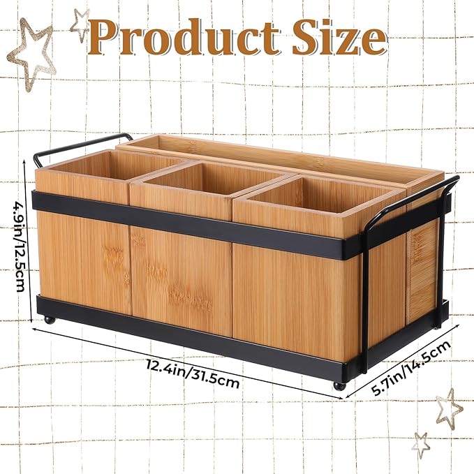 Silverware Caddy Utensil Holder for Party Countertop, Wood Cutlery Flatware Organizer Box Holder Paper Plate Dispenser with 4 Compartments Portable Handle for Spoons Forks Plates Napkins