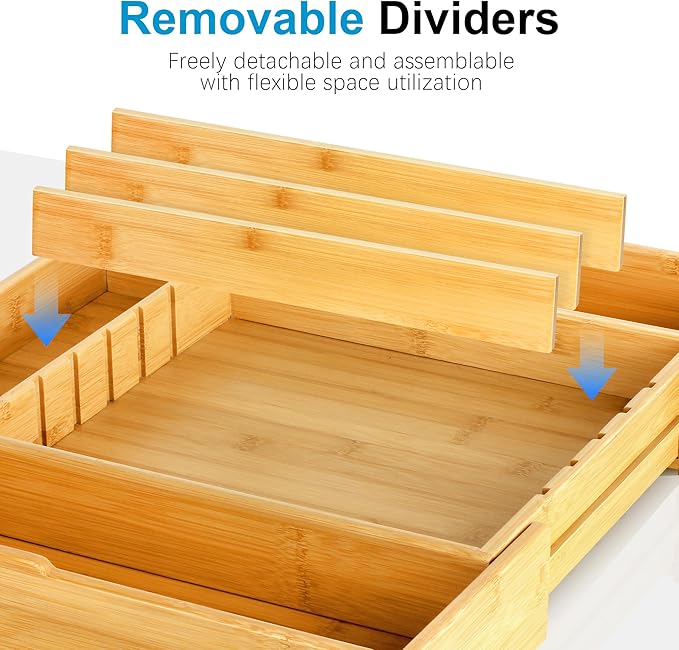 Bamboo Expandable Silverware Organizer - Adjustable Cutlery Tray with 3 Removable Dividers & 5 Tracks, Drawer Organizer for Utensils, Stationery, Tools (12.6" to 20.5")