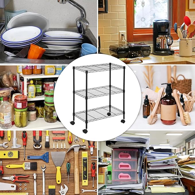 Wire Shelving 32" H x 23W x 13D Storage Shelf with Wheels Adjustable 3 Tier Metal Shelves Unit for Small Places Kitchen Storage Rack Shelf Organizer, 450Lbs Capacity, Black
