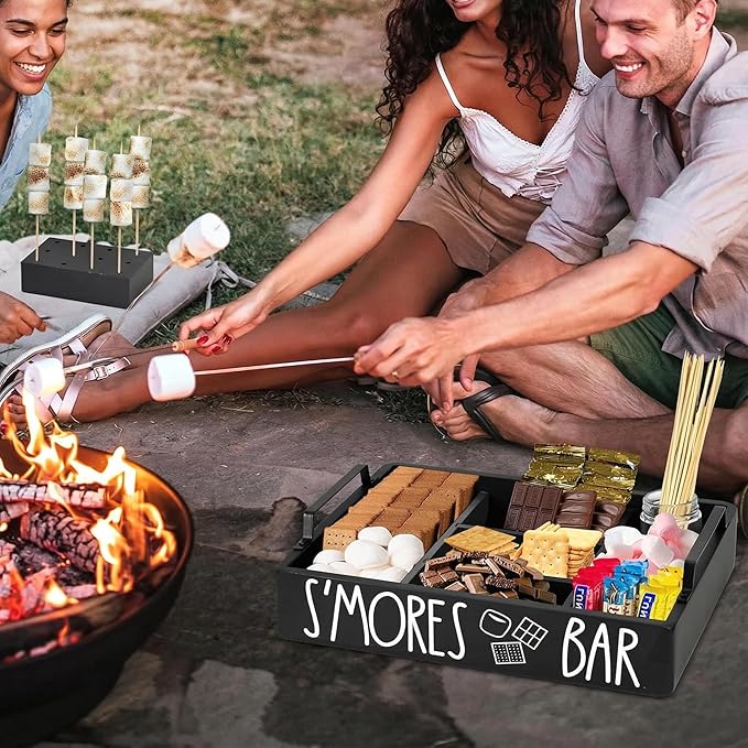 Wooden S'mores Bar Station, Smores Caddy Holder with Handles for Counter, Farmhouse S'mores Serving Tray for Kitchen, S’mores Maker Box for Smores Kit Camping Decor, Smores Accessories Organizer