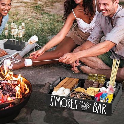 Wooden S'mores Bar Station, Smores Caddy Holder with Handles for Counter, Farmhouse S'mores Serving Tray for Kitchen, S’mores Maker Box for Smores Kit Camping Decor, Smores Accessories Organizer