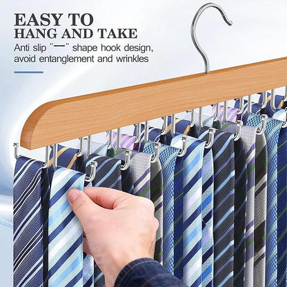 Tie Rack Hanger for Closet 20 Foldable Hooks, 1 Pack Wooden Non Slip Large Capacity Space Saving Tie and Belt Organizer with 360° Rotating Hooks for Tank Tops Bras Scarves Hat
