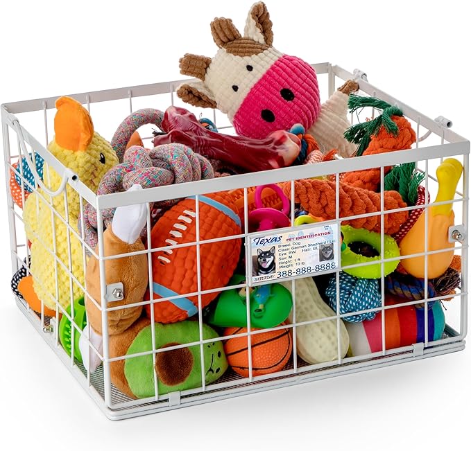 Dog Toy Basket, Dog Toy Storage Bin for Pet, Medium Toy Box for Dogs, Metal Storage Box with Handles, Toy Organizer Holder Boxes for Living Room (White)