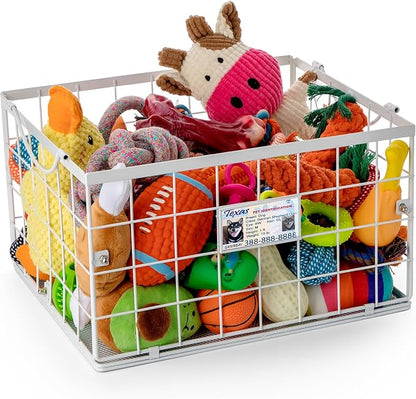 Dog Toy Basket, Dog Toy Storage Bin for Pet, Medium Toy Box for Dogs, Metal Storage Box with Handles, Toy Organizer Holder Boxes for Living Room (White)