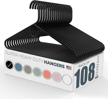 Super Heavy Duty Clothes Hangers 100 Pack (108 Count) – Made in the USA - 10lb Capacity, Thick Plastic Hangers for Pants, Coats, Jackets, Jeans and Adult Clothing – Black