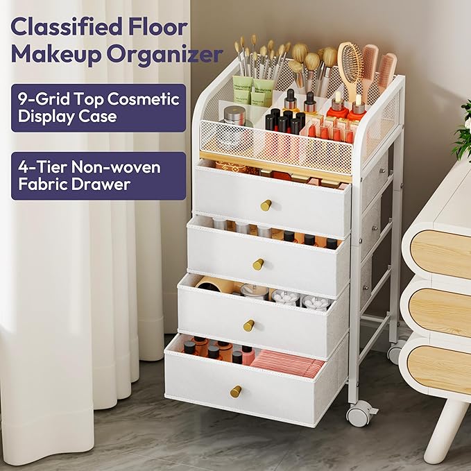 SWTYMIKI Rolling Makeup Organizer Cart - 14.96″*11.81″*27.55″ Widened Under Desk Vanity Storage with 4 Non-woven Drawers, Cosmetic Display Cases for Skin Care Perfume Nail Polish Brush Hair Tool White