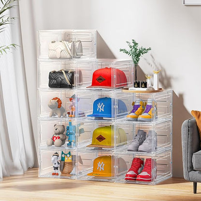 SCAVATA Hat Organizer Box, Stackable Clear Baseball Caps Holder Box Containers with Magnetic Door for Hats Snapback Cap Storag, Hat Rack Display Case, Holds 8 Hats Each (Clear, 2 Pack)