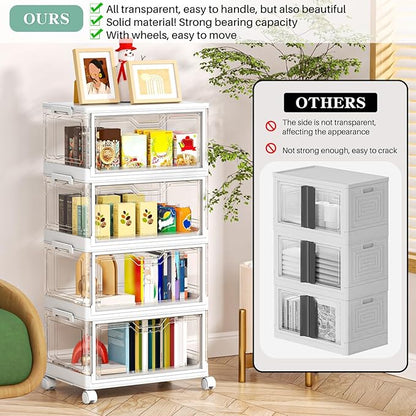 Kmiectse Clear Storage Bins with Lids - 4 Tier Plastic Bins with Wheels, Stackable Storage Bin, Closet Organizers Box for Bedroom, Living Room, 23 QT Folding Box with Magnetic Door