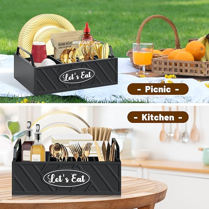 Paper Plate Dispenser, Wood Paper Plate Holder with Handle for Kitchen Counter, Silverware Caddy for Cups, Spoons, Forks, Plates, Napkins, Utensil Holder for Party Camping Buffet (Black)