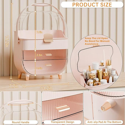 Yieach Countertop Makeup Organizer With Lid,Large Skincare Organizers With 2 Drawers,Dustproof Cosmetic Display Cases for Bathroom,Dresser,Lotion,Beauty,Skin Care Holder,Makeup Storage Organizer,Pink