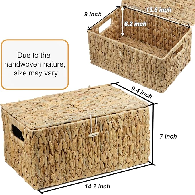 ORDELITE Large Wicker Basket with Lid, Rectangular Water Hyacinth Storage Baskets for Organizing, Woven Basket for Storage, Decorative Boxes Bins with Lids Home Organizer Decor