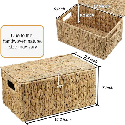 ORDELITE Large Wicker Basket with Lid, Rectangular Water Hyacinth Storage Baskets for Organizing, Woven Basket for Storage, Decorative Boxes Bins with Lids Home Organizer Decor