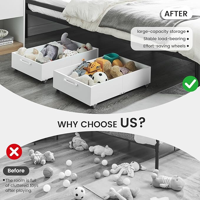 TIOPGHAD Under Bed Storage with Wheels, 2-Pack Under Bed Shoe Storage Organizer Drawer, Composite Wood Organizer for Shoes Clothes Containers in Bedroom for Clothes,Shoes(White)