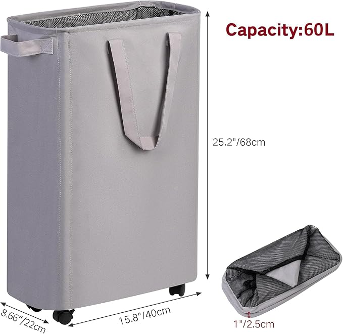 efluky Slim Laundry Hamper with Wheels, Rolling Laundry Basket for Clothes, Small Laundry Basket for Bedroom, Dorm and Laundry Room, 60L (12.7 Gallons) Grey