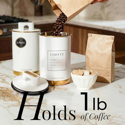 STYLED SETTINGS Vacuum Coffee Container Set – 2 Piece Coffee Jars with Lids for Beans or Grounds, White and Gold Stainless Steel Storage Canisters, Scoop & Labels Included – Coffee Gift Set