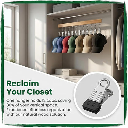 Closet Organizer with 12 Clips, 2 Pack Closet Space Savers for Hanging Clothes, Wooden Pants and Leggings Hangers with 360° Rotating Hook, Space-Saving Hat Scarf Clothespins, Walnut Wood Color