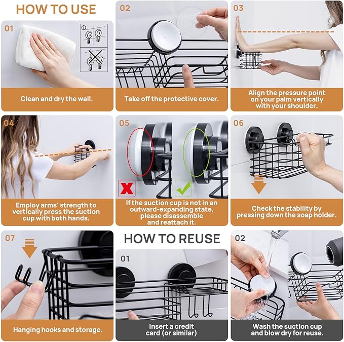 LEVERLOC Shower Caddy Suction Cup, 3 Pack Heavy Duty Bathroom Organizer for Inside Shower with Hooks & Soap Holder, Removable Bathroom Organizer, Rustproof Black Holder Storage Black