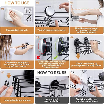 LEVERLOC Shower Caddy Suction Cup, 3 Pack Heavy Duty Bathroom Organizer for Inside Shower with Hooks & Soap Holder, Removable Bathroom Organizer, Rustproof Black Holder Storage Black