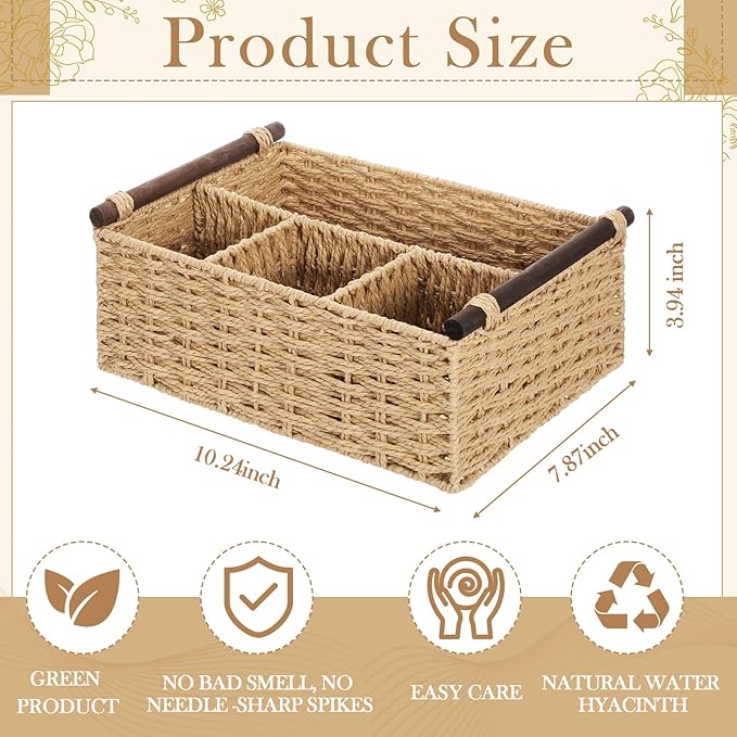 Remerry Beige Bathroom Countertop Organizer Caddy, Wicker-Like Divided Basket with Handle and Metal Frame, 4 Compartment, Paper Rope Storage Organizer for Vanity Kitchen (10.24 x 7.87 x 3.94 in)