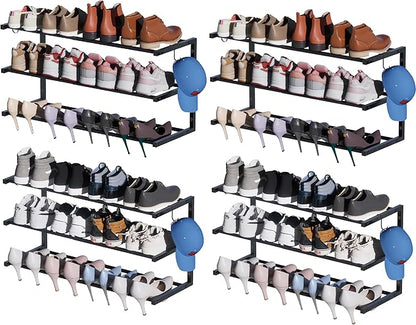 4 Pack Wall Mounted Shoe Rack, 3 Tier Hanging Shoe Rack Holds 48 Pairs, 17"-30"Adjustable Heavy Duty Metal Shoe Organizer Holder with 8 Storage Hooks, Space Saving for Closet Entryway Doorway（Black)