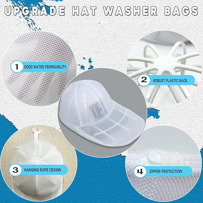 Hat Washer Cage for Washing Machine, Cap Washer with Mesh Bags, Hat Washer for Baseball Caps, Hat Cleaner/Cleaning Protector Cage (White - 2 Pack)