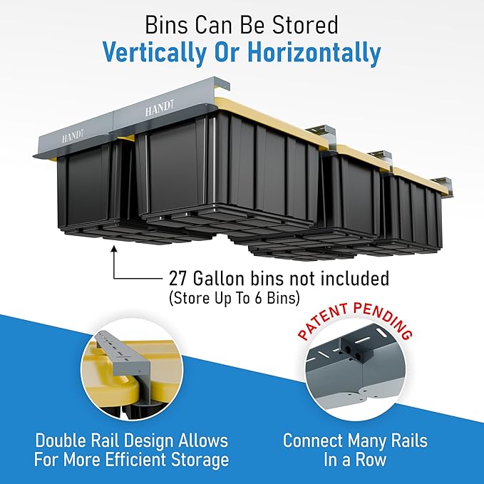 USA Based Overhead Garage Storage Rack, Connectable Heavy Duty Metal Ceiling Rails Garage Storage Organization Shelving System, Hanging Racks Tote Containers, Supports Up To 6 Bins, 4 Sets Gray