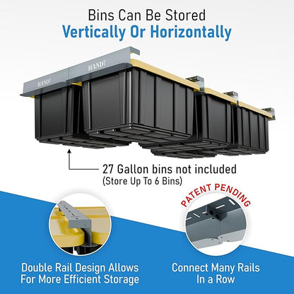 USA Based Overhead Garage Storage Rack, Connectable Heavy Duty Metal Ceiling Rails Garage Storage Organization Shelving System, Hanging Racks Tote Containers, Supports Up To 6 Bins, 4 Sets Gray