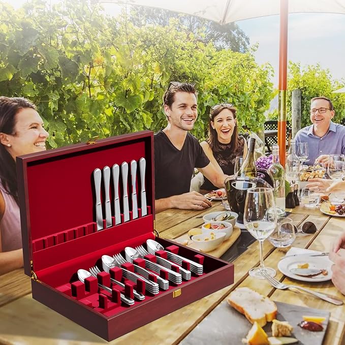 Solid Mahogany Silverware Storage Box,Silverware Chest without Silverware,Flatware Case with Red Felt Lined and Lid,Silverware Boxes for Flatware,Wooden Flatware Storage Box for 12 Sets of Utensils