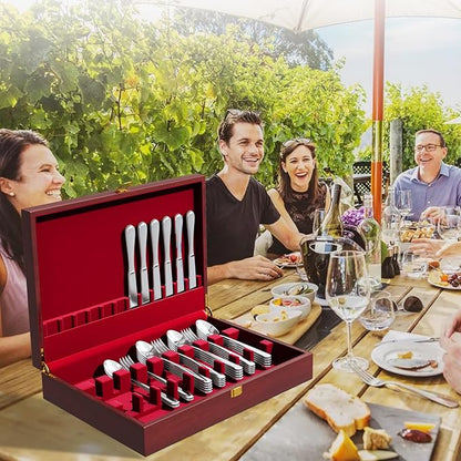 Solid Mahogany Silverware Storage Box,Silverware Chest without Silverware,Flatware Case with Red Felt Lined and Lid,Silverware Boxes for Flatware,Wooden Flatware Storage Box for 12 Sets of Utensils