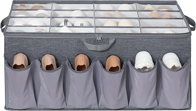 Extra Large Shoe Organizer for Closet, Fits up to 28 Pairs, Fabric Shoe Box Storage Containers with Adjustable Dividers and Clear Cover, Grey, 1 Pack