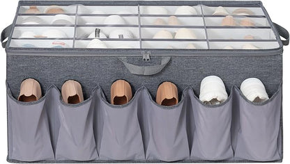 Extra Large Shoe Organizer for Closet, Fits up to 28 Pairs, Fabric Shoe Box Storage Containers with Adjustable Dividers and Clear Cover, Grey, 1 Pack