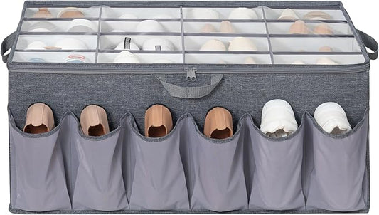 Extra Large Shoe Organizer for Closet, Fits up to 28 Pairs, Fabric Shoe Box Storage Containers with Adjustable Dividers and Clear Cover, Grey, 1 Pack