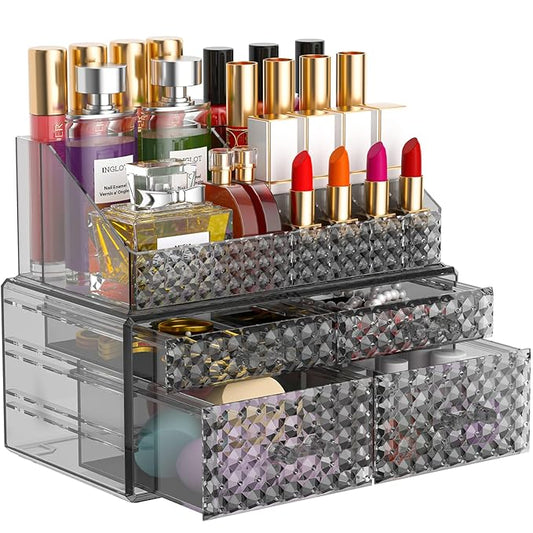 Awenia 2 Pack Stackable Makeup Organizer with Drawers[Upgraded]-Acrylic Make up Organizers and Storage Case for Cosmetics,Brush,Perfume,Jewelry Display, Vanity and Bathroom Accessories