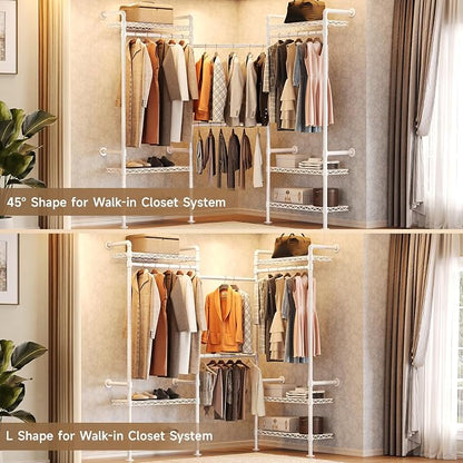 Wall Mounted Garment Rack, Walk-in Closet System with Expandable Rods, Adjustable Shelves, Industrial Pipe Clothing Racks, Hanging Clothes Organizers and Storage, Metal Closet Shelving Wardrobe