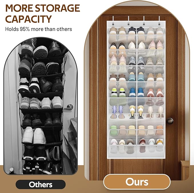 MISSLO 24 Pairs Over the Door Shoe Organizer Breathable Mesh Hanging Shoe Rack for Closet Storage with Wide Deep Pockets 8 Tier Shoes Holder Fit All the Family's Sneakers, Boots, Heels (White, 57.5")