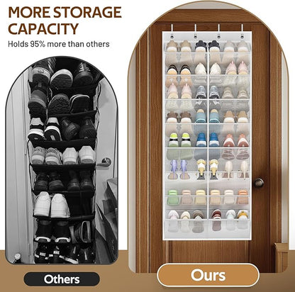 MISSLO 24 Pairs Over the Door Shoe Organizer Breathable Mesh Hanging Shoe Rack for Closet Storage with Wide Deep Pockets 8 Tier Shoes Holder Fit All the Family's Sneakers, Boots, Heels (White, 57.5")