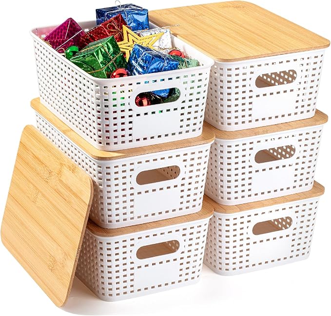 BAMBOO LAND- Plastic Storage Baskets with Bamboo Lid, 6 pcs, Cream White Small Pantry Storage Baskets with Lids