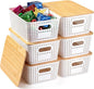 BAMBOO LAND- Plastic Storage Baskets with Bamboo Lid, 6 pcs, Cream White Small Pantry Storage Baskets with Lids