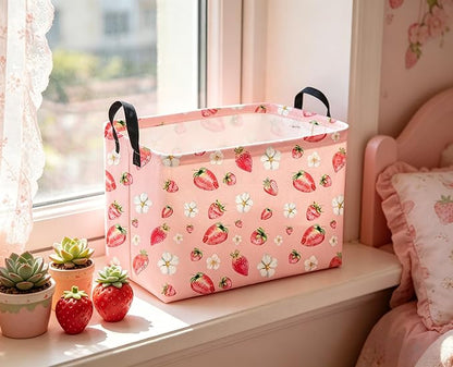 Sanjiaofeng Rectangular Strawberry Storage Baskets Baby Girl Basket Kids Baby Storage Basket Waterproof Collapsible Storage Bin Cute Organizer Box Girl Room Decor(Strawberry)