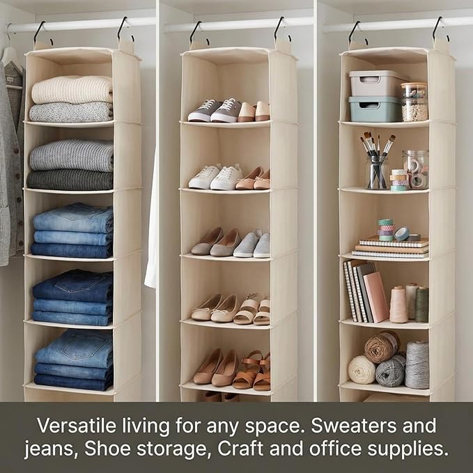 Household Essentials Cedarline 6-Shelf Hanging Closet Organizer, Heavy-Duty Cotton Canvas, Breathable, Versatile, Compact, Perfect for Rod or Wire Closets, Natural