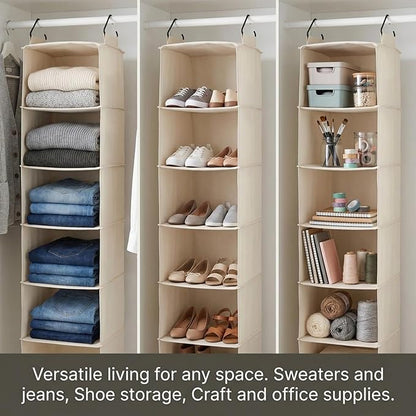 Household Essentials Cedarline 6-Shelf Hanging Closet Organizer, Heavy-Duty Cotton Canvas, Breathable, Versatile, Compact, Perfect for Rod or Wire Closets, Natural